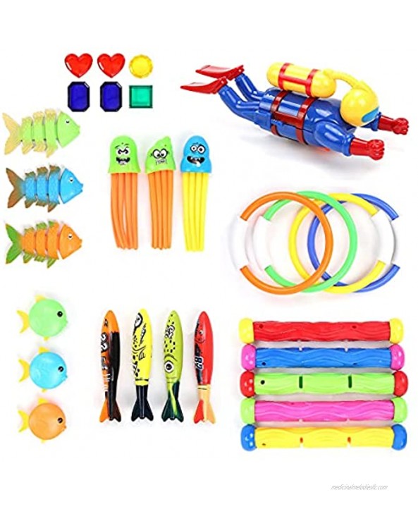 SubClap Pool Diving Toys 29 PCS Swimming Pool Underwater Swim Toy for Kids Teens and Adults Summer Underwater Sinking Dive Toy Sets with Sticks Torpedo Rings Octopus Fishes Treasures & Diver