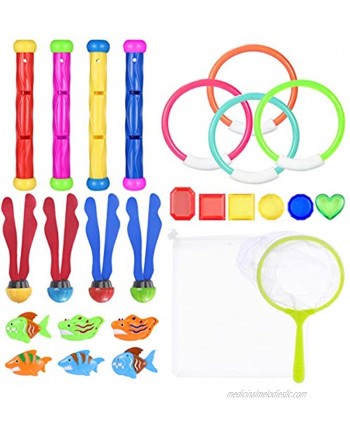 Toyvian 26PCS Underwater Swimming Diving Pool Toy Diving Rings Diving Sticks Water Grass Fishing Kit Pirate Treasures and Storage Bag Sets Under Water Games Training Gift for Boys Girls