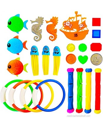 VIVEMCE Swimming Diving Pool Toy  Underwater Swimming Toys with Diving Rings Diving Sticks Diving Fish Diving Gems Diving Octopus Pirate Ship for KidsSet of 25