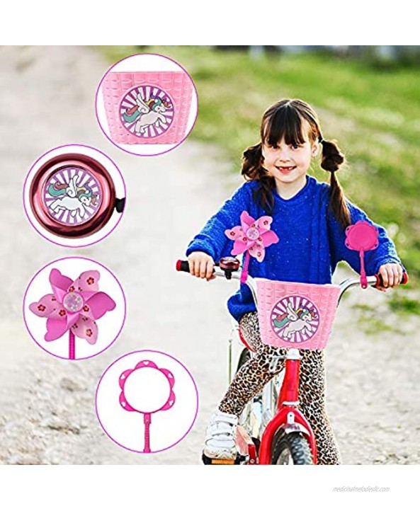 Youfeel Bicycle Decorations Set Including Cartoon Unicorn Pink Basket Flower Mirror,Bike Bell Pinwheel and Wheel Spoke Beads Bike Decoration Set for Kid Girls