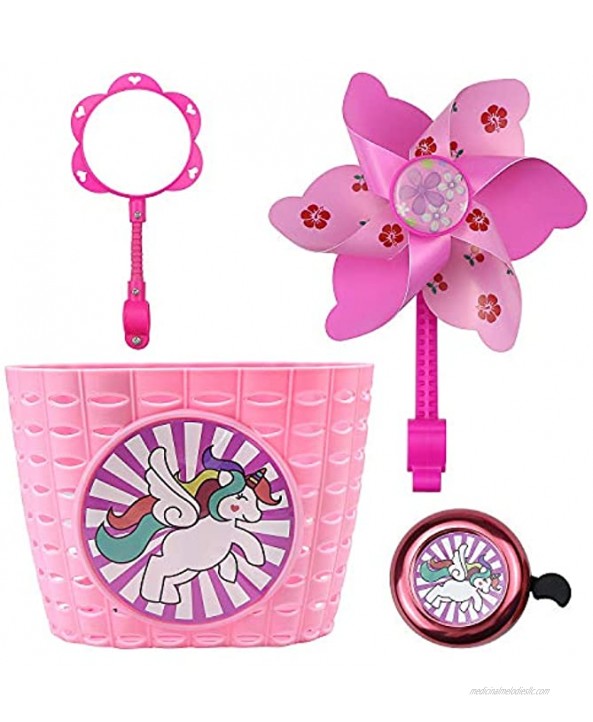 Youfeel Bicycle Decorations Set Including Cartoon Unicorn Pink Basket Flower Mirror,Bike Bell Pinwheel and Wheel Spoke Beads Bike Decoration Set for Kid Girls