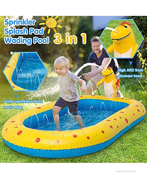 2021 Summer 3-in-1 Splash Pad Sprinkler for Kids and Toddler Pool for Backyard Dinosaur Children’s Sprinkler Pool 66’’ Inflatable Water Toys Outdoor Kiddie Pool for Babies & Toddlers