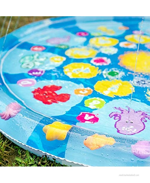 4 In 1 Splish Splash Learning Pad – Outdoor 60” Sprinkler Water Toy for Toddlers and Kids | USA Patented Swimming Ocean Animals | Inflatable Pool with Matching and Learning Games
