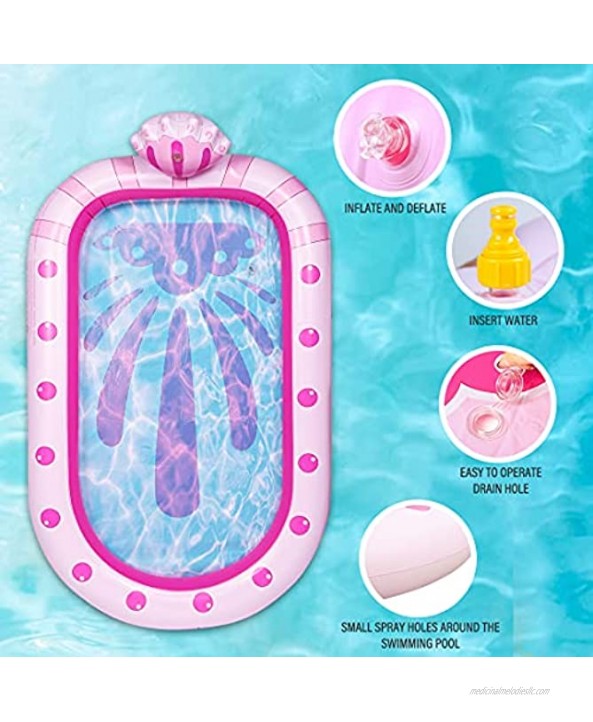 Docuwee 3 in 1 Inflatable Summer Splash Pad for Kids 68'' Large Pink Shell Sprinkler Wading Pool Outdoor Children’s Water Toys Fun Pad Play Mat for Kids Kiddie Swimming Pool