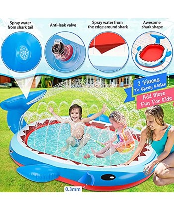 Inflatable Kiddie Sprinkler Pool Unique Shark Splash Pad Thicker PVC Inflatable Pool with Shark's Tail & Edge Spray Water Toddlers Wading Swimming Pool Extra Large Outdoor Play Mat for Kids & Adults