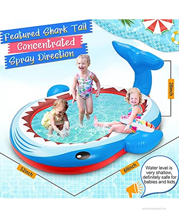 Inflatable Kiddie Sprinkler Pool Unique Shark Splash Pad Thicker PVC Inflatable Pool with Shark's Tail & Edge Spray Water Toddlers Wading Swimming Pool Extra Large Outdoor Play Mat for Kids & Adults