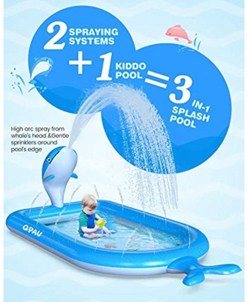 QPAU 3-in-1 Inflatable Sprinkler Pool 2021 New Whale Design Splash Pad Kiddie Pool for Kids Toddler Outdoor Water Toys for Babies Boys Girls 65”x 40”Blue Whale