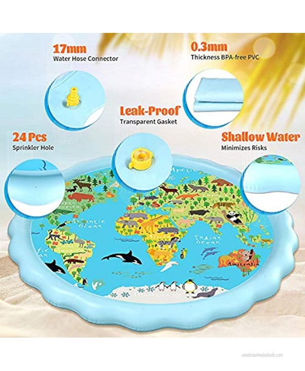 semai Splash Water Mat 68'' Sprinkler Pool Pad 'World Animal Map' Wading Toys for Learning Thickened Water Toys for 1 -12 Years Toddlers Baby Infant Kid Backyard Outdoor Party Game Swimming Play
