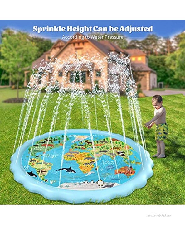 semai Splash Water Mat 68'' Sprinkler Pool Pad 'World Animal Map' Wading Toys for Learning Thickened Water Toys for 1 -12 Years Toddlers Baby Infant Kid Backyard Outdoor Party Game Swimming Play