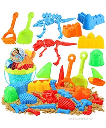 3 otters Beach Toys Set 25pcs Dinosaur Castle Sand Toys Toddlers Beach Castle Toys Foldable Beach Bucket