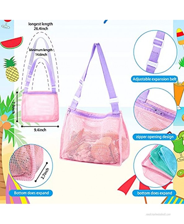 4 Pieces Beach Toy Mesh Bag Kids Shell Collecting Bag Mesh Beach Sand Toy Totes Colorful Mesh Beach Bag Swimming Accessories Storage Bag with Adjustable Carrying Straps Vivid Colors