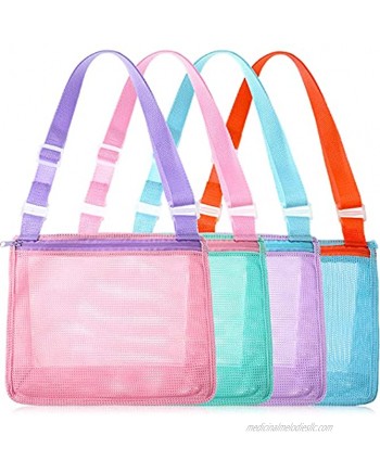 4 Pieces Beach Toy Mesh Bag Kids Shell Collecting Bag Mesh Beach Sand Toy Totes Colorful Mesh Beach Bag Swimming Accessories Storage Bag with Adjustable Carrying Straps Vivid Colors