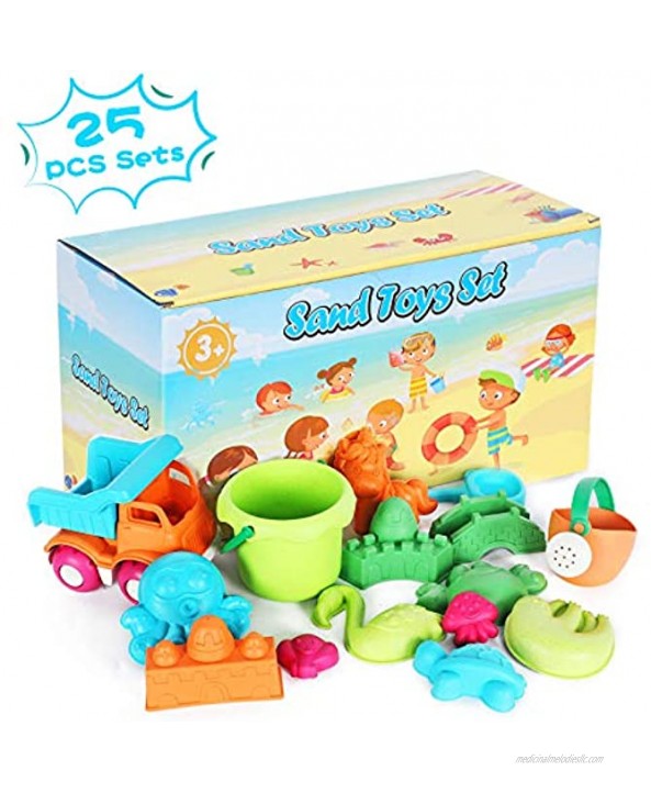 Auney 23 PCS Beach Toys Sand Toys Set for Kids Sand Wheel Dump Truck Bucket Rakes Watering Can Animal and Castle Sand Molds