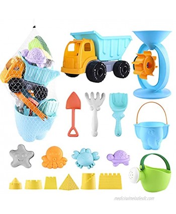 Auney Beach Toys Set for Kids 20 PCS Sand Water Wheel Castle Molds Truck Bucket Beach Shovels Rakes Tool Kit Sea Animal Molds Watering Can with Mesh Backpack Sandbox