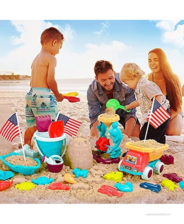 Beach Toys Sand Toys for Kids 32PCS Sand Castle Toys for Beach Sandbox Toys with Water Wheel Truck Shovels Rakes Bucket Watering Can Sand Molds Indoor Outdoor Summer Kids Toddlers Toys