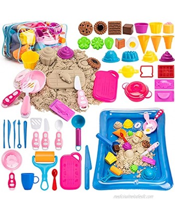 Bikilin's toy Play Sand Ice Cream Kit 3lbs All-Natural Sensory Sand Cookware Sand Molds Tools Inflatable Tray and Storage Bag 44PCS Sandbox Toys Set for Kids Toddlers Boys Girls Gifts