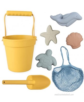 BLUE GINKGO Silicone Beach Toys Beach Accessories for Kids Travel Beach Bag Sand Toy Molds Shovel and Bucket Set Baby Bath Water Play Toys Toddler Outdoor Pool Summer Playset 7pc Yellow