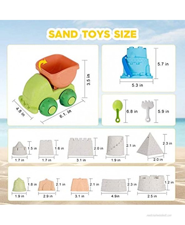 FANURY Beach Sand Toys Set for Kids 14Pcs Sand Castle Toys for Beach with Mesh Bag Castle Mold Dump Truck Bucket Shovel Rake Sandbox Toys Summer Outdoor Beach Toys for Toddlers Boys Girls 3-10