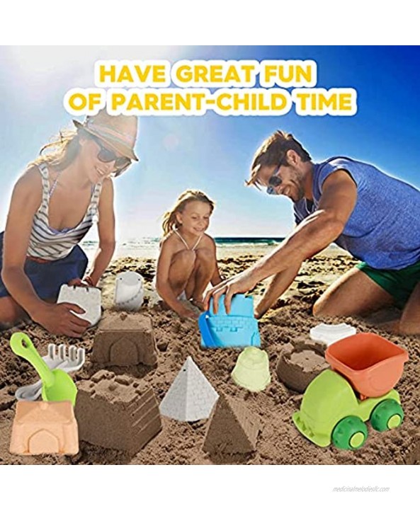 FANURY Beach Sand Toys Set for Kids 14Pcs Sand Castle Toys for Beach with Mesh Bag Castle Mold Dump Truck Bucket Shovel Rake Sandbox Toys Summer Outdoor Beach Toys for Toddlers Boys Girls 3-10