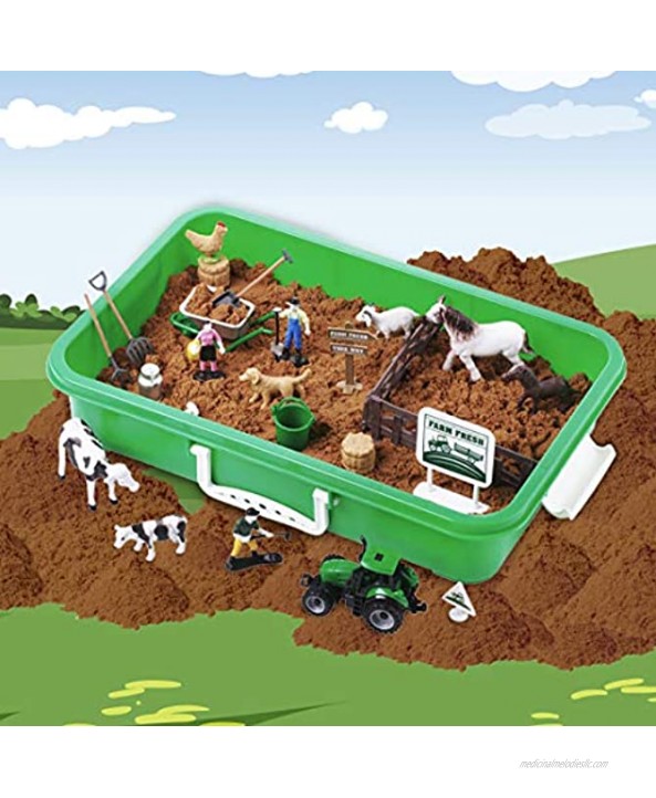 Farm Sand Play Set Sensory Toys for Kids with 2 lbs of Sand Farm Animals Signs Fences Trucks and Farm Tools 28 Farm Toy Figures with Container Storage for 3 4 5 Year Old Toddlers