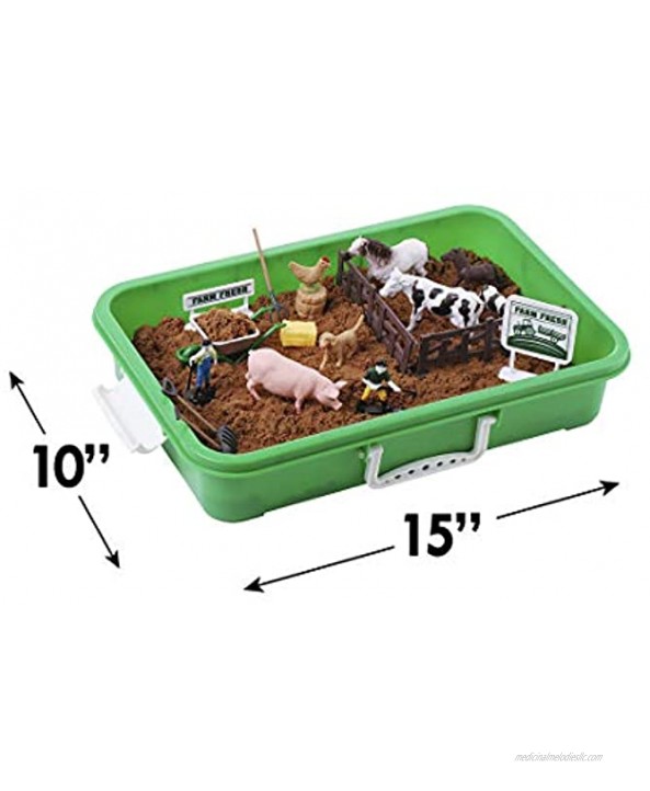 Farm Sand Play Set Sensory Toys for Kids with 2 lbs of Sand Farm Animals Signs Fences Trucks and Farm Tools 28 Farm Toy Figures with Container Storage for 3 4 5 Year Old Toddlers