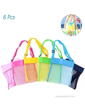 Hatisan 6Pcs Children's Colorful Mesh Beach Bags Portable Foldable Sea Shell Bag Toy Storage Bag for Kids Find Treasure [Blue Pink Green Yellow and Sky Blue Rose]