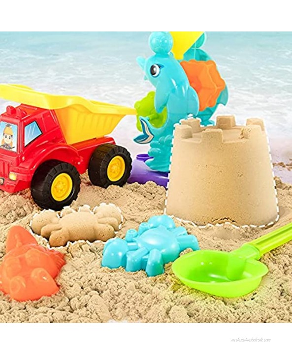 Kids Beach Sand Toys Set 11PCS Outdoor Sandbox Toys with Bucket Water Wheel Dump Truck Shovels Rakes Watering Can and Molds in Drawstring Bag