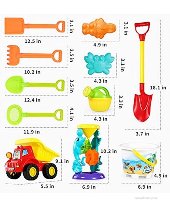 Kids Beach Sand Toys Set 11PCS Outdoor Sandbox Toys with Bucket Water Wheel Dump Truck Shovels Rakes Watering Can and Molds in Drawstring Bag