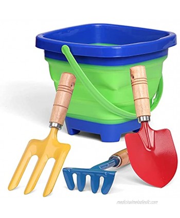 Large Foldable Beach Pails Sand Bucket Toys Set With Garden Beach Tool Set for Kids Collapsible Bucket With Beach Sand Shovels Rake Scoop Garden Tool Kits Gifts for Adults Multi Function 4 Pack