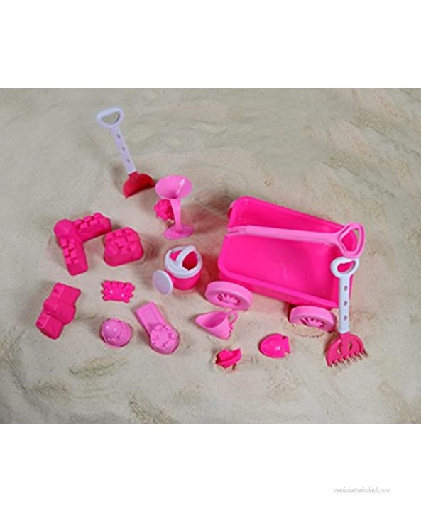 Liberty Imports Pink Princess Beach Wagon Toy Set for Kids with Castle Molds Sand Wheel Water Pail Play Tools and Featured Molds 14 Pcs Playset