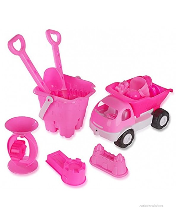 Liberty Imports Pink Princess Castle Beach Set Toy for Girls Includes Dump Truck Sand Wheel Bucket Play Tools and Molds 14 Pcs Playset