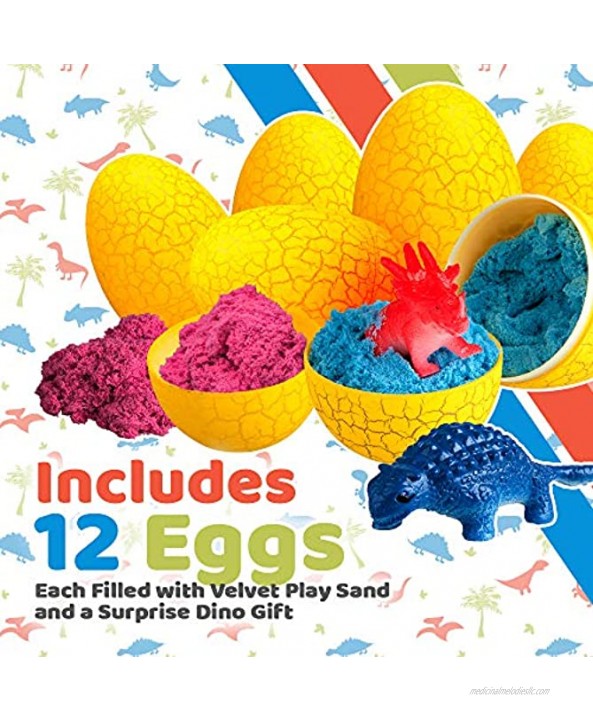 LITTLE CHUBBY ONE Kids Velvet Play Sand Dino Egg Set Toy Magic Sand Set Includes 12 Eggs with Sand Plus Dinosaur Surprise Sensory Toy for Girls and Boys Age 2 3 4 5 6 7 8 9 10