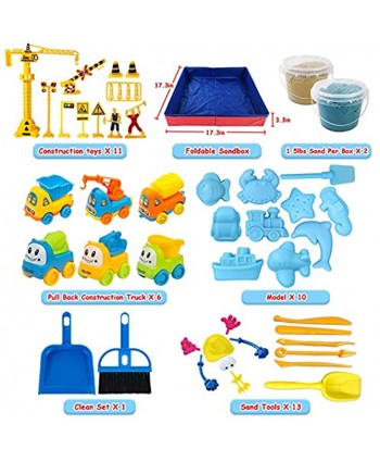 Play Construction Sand Kit 3lbs Sand with 2 Colors 6 Mini Construction Trucks Construction Toys and Signs Animal Mold Modeling Tools Foldable Sandbox with Clean Set Gifts for Boys Girls