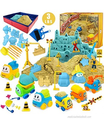 Play Construction Sand Kit 3lbs Sand with 2 Colors 6 Mini Construction Trucks Construction Toys and Signs Animal Mold Modeling Tools Foldable Sandbox with Clean Set Gifts for Boys Girls