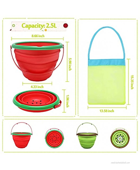 RACPNEL Collapsible Beach Buckets Foldable Sand Bucket for Kids Silicone Sand Pails Beach Pails with Mesh Bag 2.5L Multi-Purpose Collapsible Bucket for Beach Travel Camping Fishing 2 Pack
