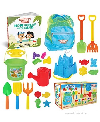 THE STORYBOOK KIDS EXPLORERS CLUB Beach Toys 23-Piece Sandbox Toys Set for Toddlers Sandcastle Building Kit of Shovels Molds Bucket & Pail in Strong Carry Bag Sand Playset for Kids 3-10