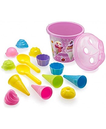 Top Race Beach Toys Sand Toys 16 Piece Ice Cream Mold Set for Kids 3-10 with Large 9" Beach Toy Bucket Pail for Kids and Toddlers Pink