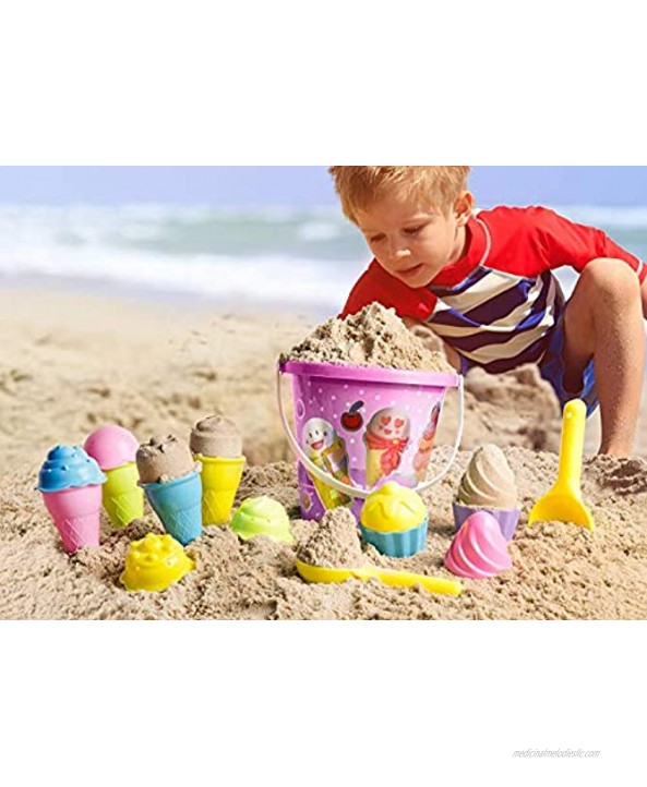 Top Race Beach Toys Sand Toys 16 Piece Ice Cream Mold Set for Kids 3-10 with Large 9 Beach Toy Bucket Pail for Kids and Toddlers Pink