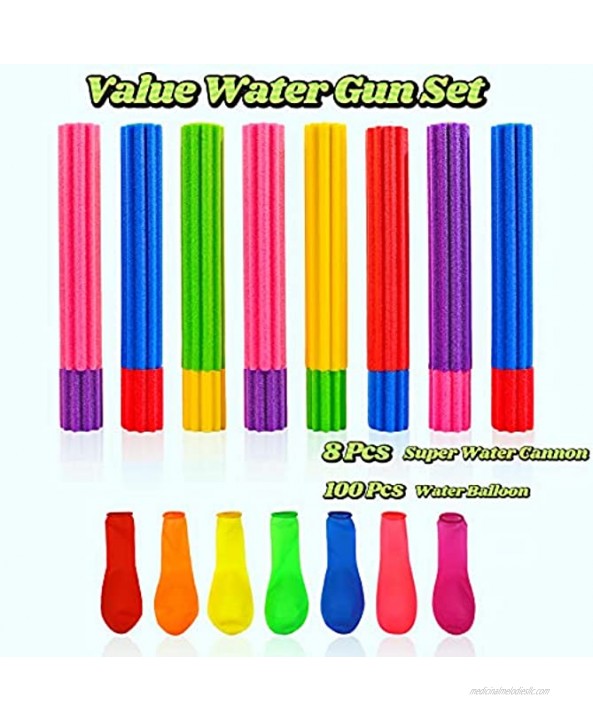 8 Packs Length 14In Water Blaster Value Set with 100 PCS Water Balloons Water Blaster Soaker Gun Shoots Up to 35 Ft Water Guns for Kids Pool Water Guns for Boys& Girls& Adults in Beach Party