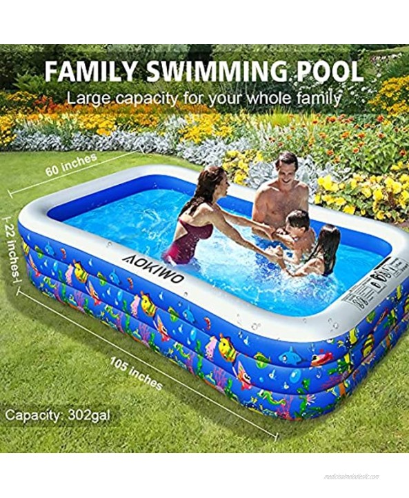 AOKIWO Family Inflatable Swimming Pool Inflatable Kiddie Pool Lounge Pools for Kids Adults Infant Garden Backyard Outdoor Summer Water Party 103 X 59 X 20