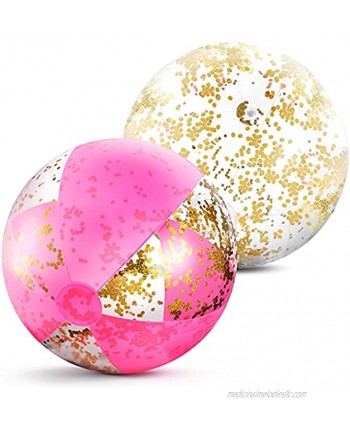 2 Pieces 16 Inch Inflatable Glitter Beach Ball Confetti Beach Balls Swimming Pool Party Balls Pink Beach Sand Balls for Adult Boys Girls Summer Beach Water Play Toy Pool Hawaii Luau Party Favor