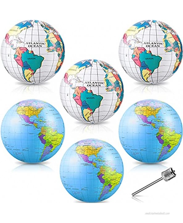 6 Pieces World Globe Beach Balls PVC World Globe 12 Inches Inflatable Earth Beach Globe Teaching Tools with Gas Needle for Outdoor Beach Pool Party Supplies Playing Water Teaching Adults Kids