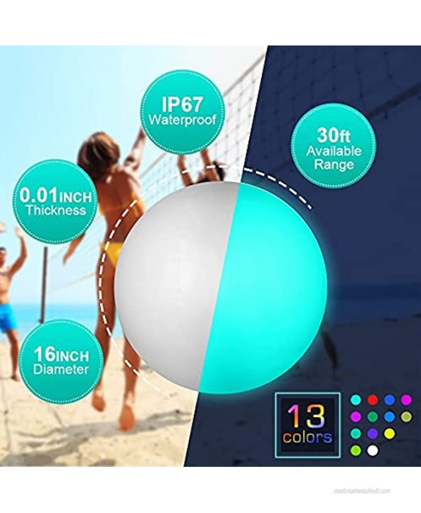 Icnice LED Beach Balls Glow in Dark Party Supplies 2pcs Inflatable Light up Ballon 16'' Floating Pool Light with Remote 13 Color 4 Mode Beach Game Pool Toy Kickball for Neon Party Decoration-4 Lights