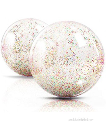 Novelty Place Inflatable Clear Sports Beach Balls with Rainbow Sequin Glitter & Confetti Summer Beach Pool Party Toy Volleyball Soccer Game & More 2 Pcs Giant Value Pack 16 in & 12 in
