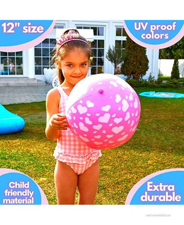 Splashie XL Beach Ball Pink Inflatable Ball with White Heart Design for Swimming Pool Outdoor Backyard Water Games Floating Bouncy Toy for Girls Toddler Kids PVC Vinyl Material 12-inch