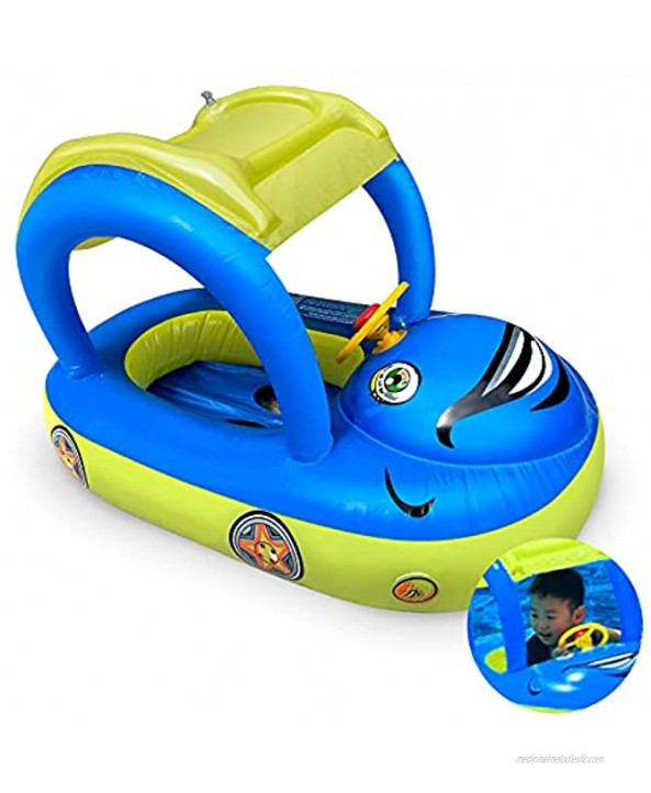 Baby Inflatable Pool Float with Canopy Car Shaped Swim Float Boat with Sunshade for Toddler Infant Boys Girls Pool Floaties Cute Boat Summer Beach Outdoor Play