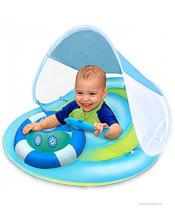 Baby Swimming Pool Float with Sun Canopy Safety Seat Double Airbag Inflatable Baby Swim Rings for Babies Kids Baby Floats for Pool Spring Floatie Swim Trainer Pool Floats for Toddlers 3-48 Months