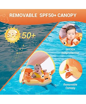 Eaglestone Baby Pool Float with UPF 50+ UV Sun Protection Canopy,Inflatable Orange Infant Toddler Pool Float for Age of 6-36 Months,Improved Add Tail Never Flip Over Baby Swimming Ring for Safer Swims