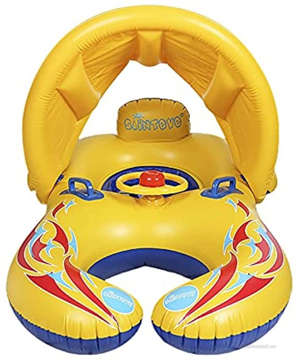 Parent-Child Inflatable Swimming Ring Baby Floats for Pool with Canopy Car Shaped Baby Swim Float Boat with Sunshade Safty Seat Removable Sunblock Canopy