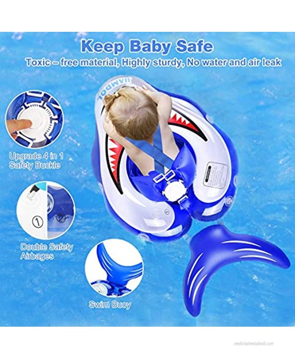 Shark Baby Swimming Float with Canopy Baby Swimming Float Frog Inflatable Baby Infant Toddler Pool Float with Safe Bottom Support & Swim Buoy for Age 3-36 Months Large